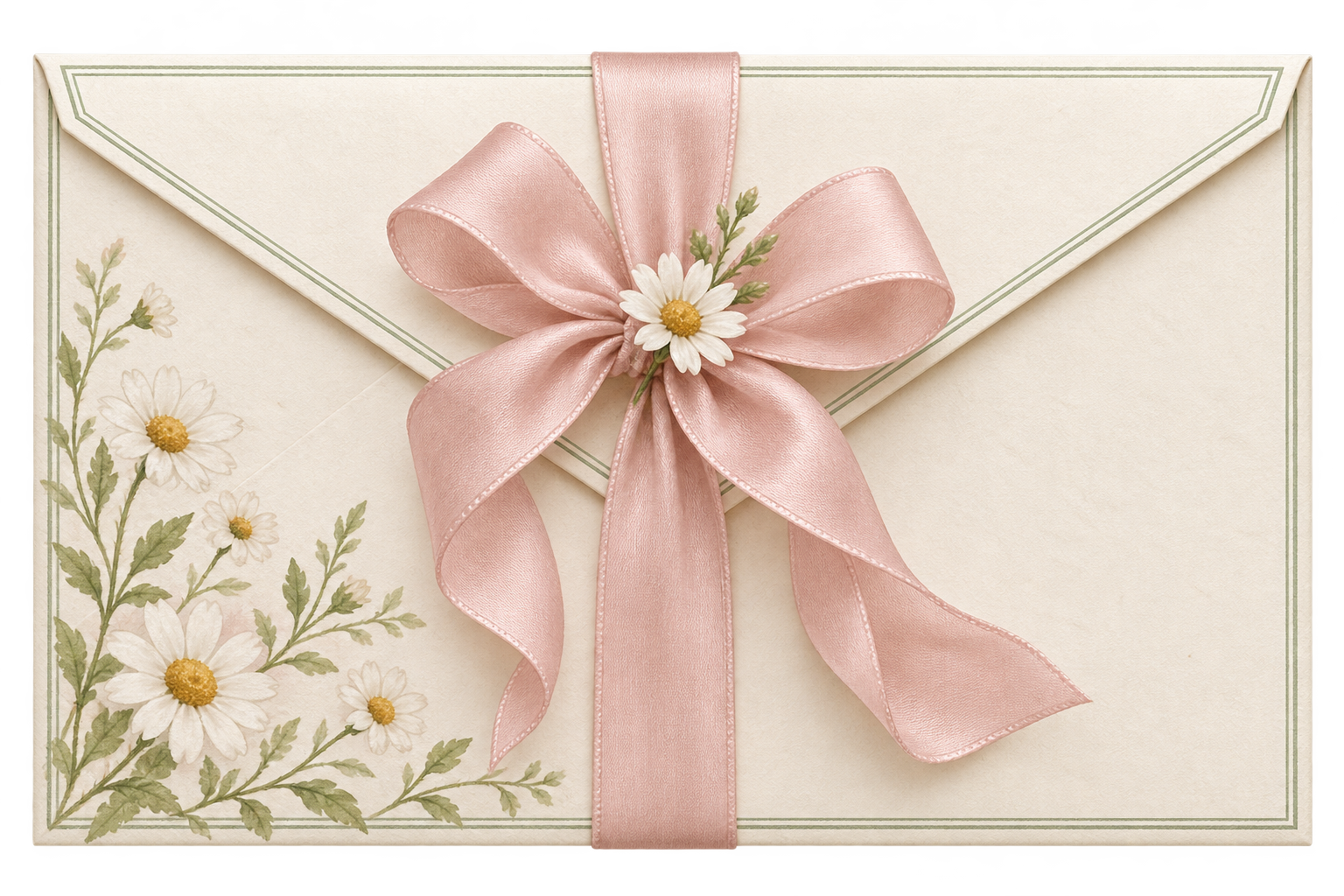 Envelope creme com laço rosa e margaridas